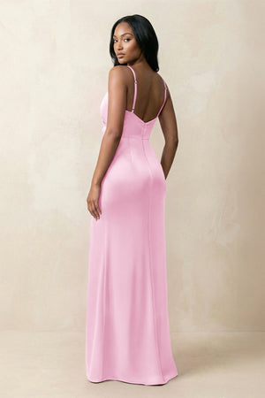 Spaghetti Strap Sheath Satin Ruched Bridesmaid Dress in Pink - KISS BRIDAL Bridesmaid Dresses