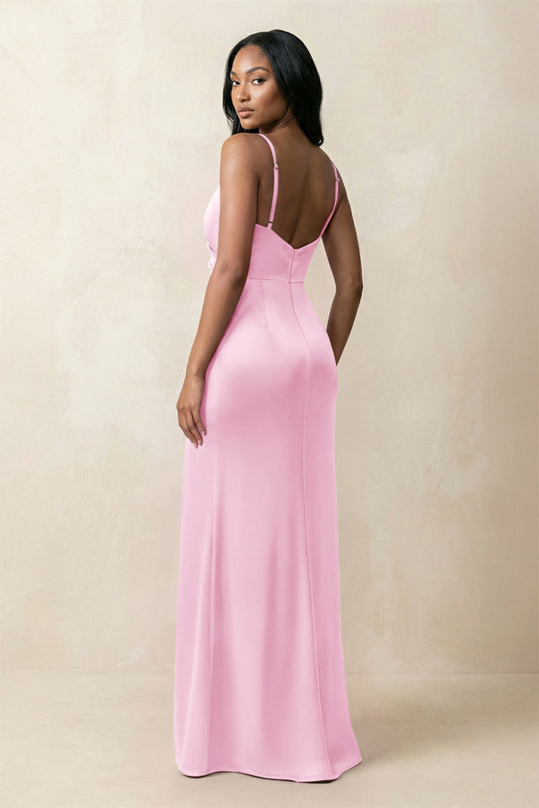 Spaghetti Strap Sheath Satin Ruched Bridesmaid Dress in Pink - KISS BRIDAL Bridesmaid Dresses