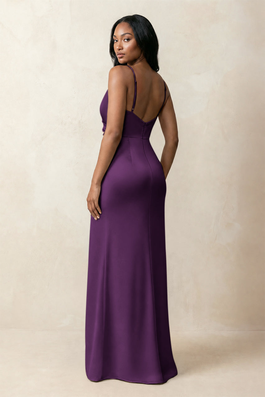 Spaghetti Strap Sheath Satin Ruched Bridesmaid Dress in Plum