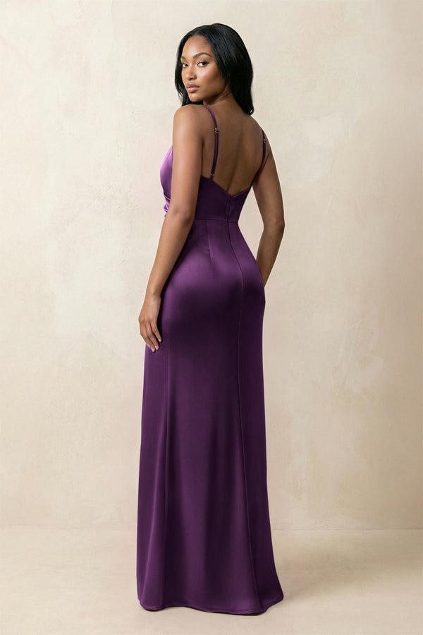 Spaghetti Strap Sheath Satin Ruched Bridesmaid Dress in Plum - KISS BRIDAL Bridesmaid Dresses