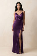Spaghetti Strap Sheath Satin Ruched Bridesmaid Dress in Plum - KISS BRIDAL Bridesmaid Dresses