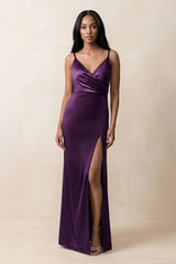 Spaghetti Strap Sheath Satin Ruched Bridesmaid Dress in Plum - KISS BRIDAL Bridesmaid Dresses