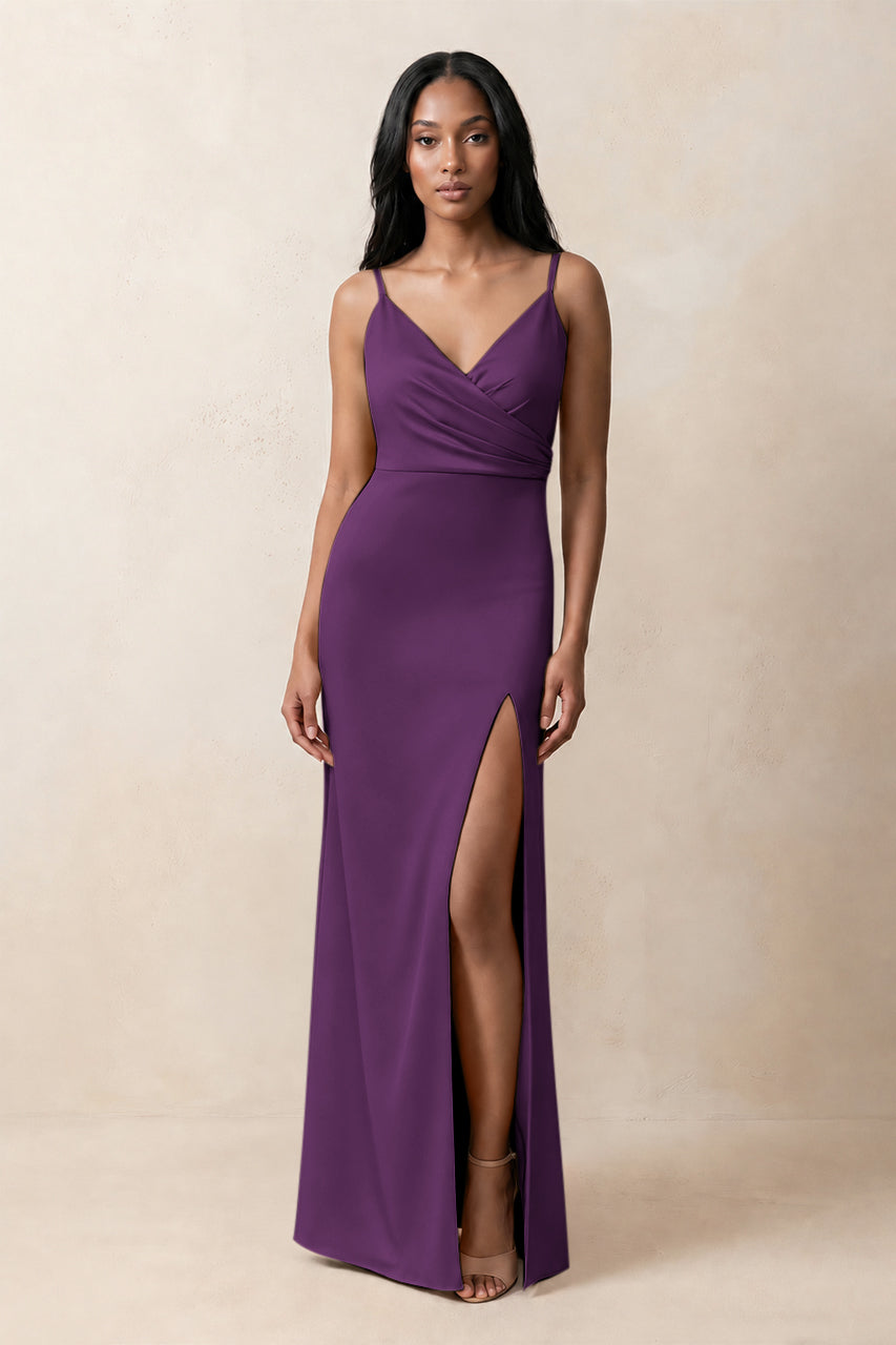 Spaghetti Strap Sheath Satin Ruched Bridesmaid Dress in Plum