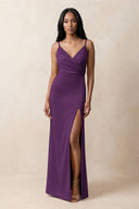 Spaghetti Strap Sheath Satin Ruched Bridesmaid Dress in Plum | KISSBRIDAL