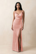 Spaghetti Strap Sheath Satin Ruched Bridesmaid Dress in Rose Petal - KISS BRIDAL Bridesmaid Dresses