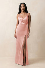 Spaghetti Strap Sheath Satin Ruched Bridesmaid Dress in Rose Petal - KISS BRIDAL Bridesmaid Dresses
