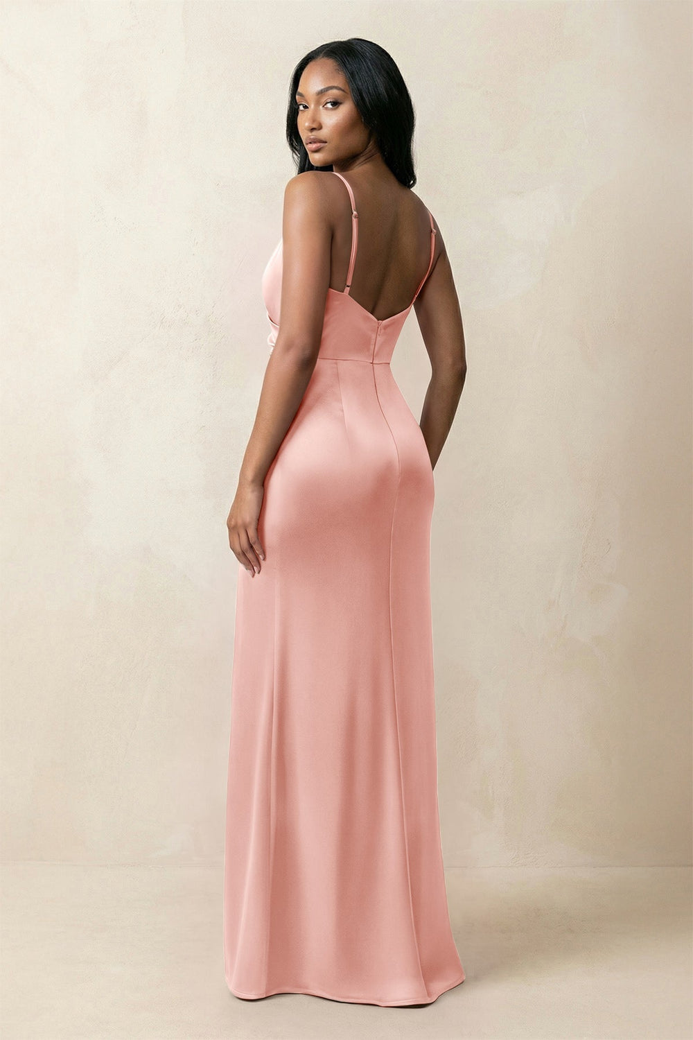 Spaghetti Strap Sheath Satin Ruched Bridesmaid Dress in Rose Petal - KISS BRIDAL Bridesmaid Dresses