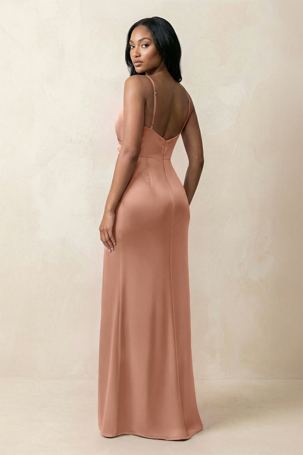 Spaghetti Strap Sheath Satin Ruched Bridesmaid Dress in Rosette - KISS BRIDAL Bridesmaid Dresses