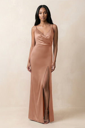 Spaghetti Strap Sheath Satin Ruched Bridesmaid Dress in Rosette - KISS BRIDAL Bridesmaid Dresses