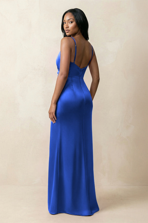 Spaghetti Strap Sheath Satin Ruched Bridesmaid Dress in Royal Blue - KISS BRIDAL Bridesmaid Dresses