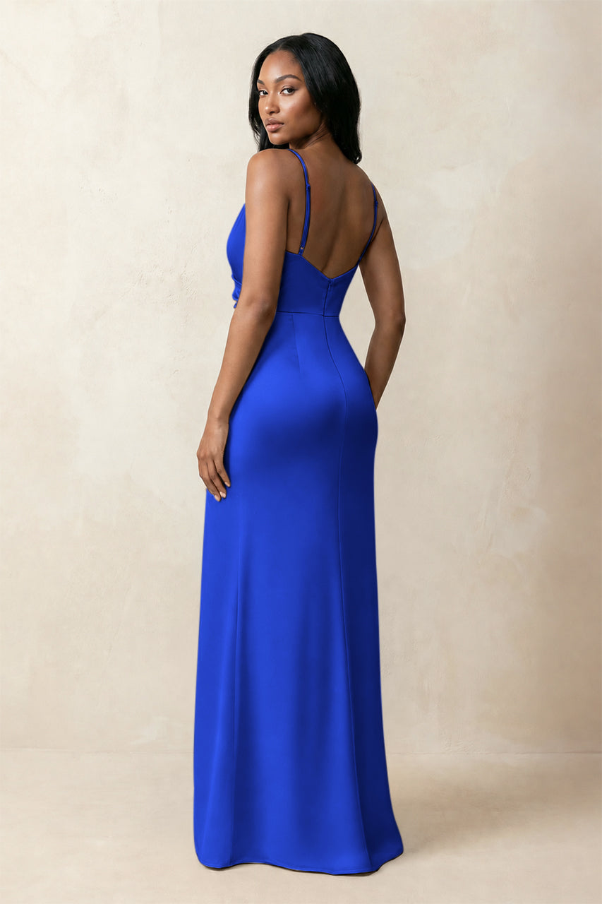 Spaghetti Strap Sheath Satin Ruched Bridesmaid Dress in Royal Blue
