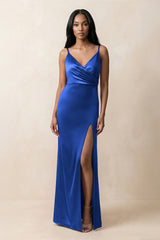 Spaghetti Strap Sheath Satin Ruched Bridesmaid Dress in Royal Blue - KISS BRIDAL Bridesmaid Dresses