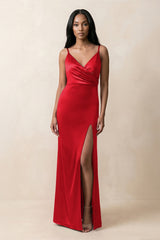Spaghetti Strap Sheath Satin Ruched Bridesmaid Dress in Ruby Red - KISS BRIDAL Bridesmaid Dresses