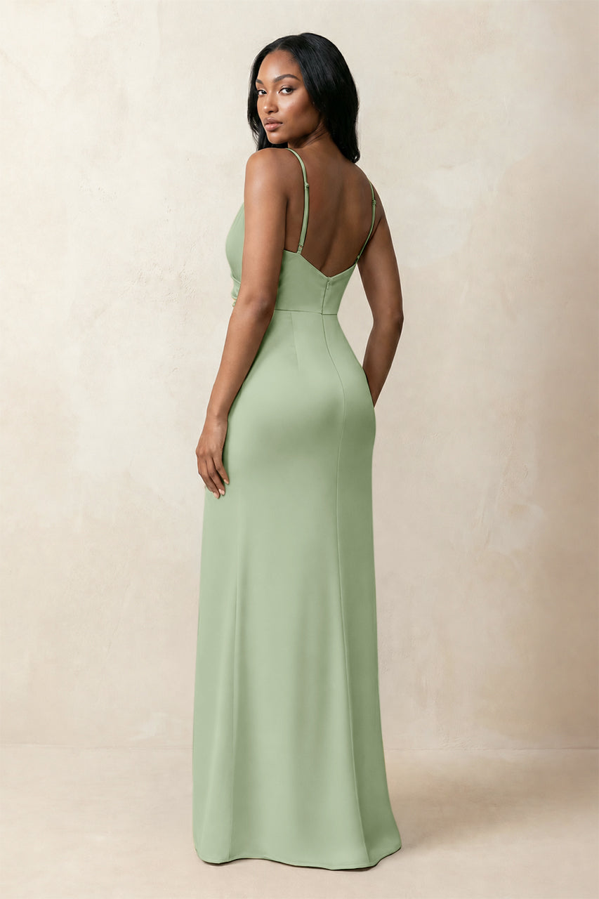 Spaghetti Strap Sheath Satin Ruched Bridesmaid Dress in Sage