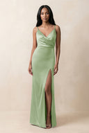 Spaghetti Strap Sheath Satin Ruched Bridesmaid Dress in Sage - KISS BRIDAL Bridesmaid Dresses
