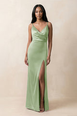 Spaghetti Strap Sheath Satin Ruched Bridesmaid Dress in Sage - KISS BRIDAL Bridesmaid Dresses