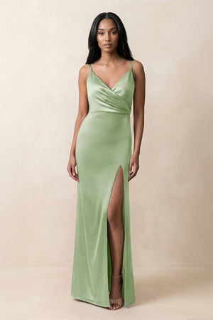 Spaghetti Strap Sheath Satin Ruched Bridesmaid Dress in Sage - KISS BRIDAL Bridesmaid Dresses
