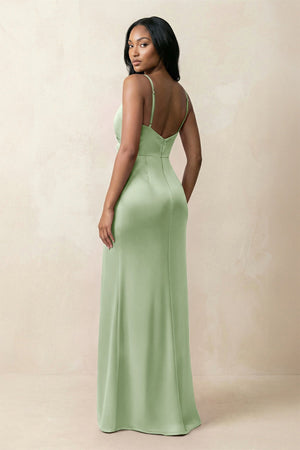 Spaghetti Strap Sheath Satin Ruched Bridesmaid Dress in Sage - KISS BRIDAL Bridesmaid Dresses