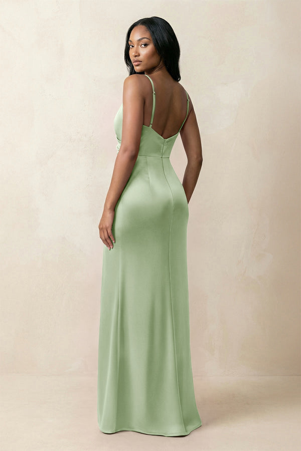 Spaghetti Strap Sheath Satin Ruched Bridesmaid Dress in Sage - KISS BRIDAL Bridesmaid Dresses