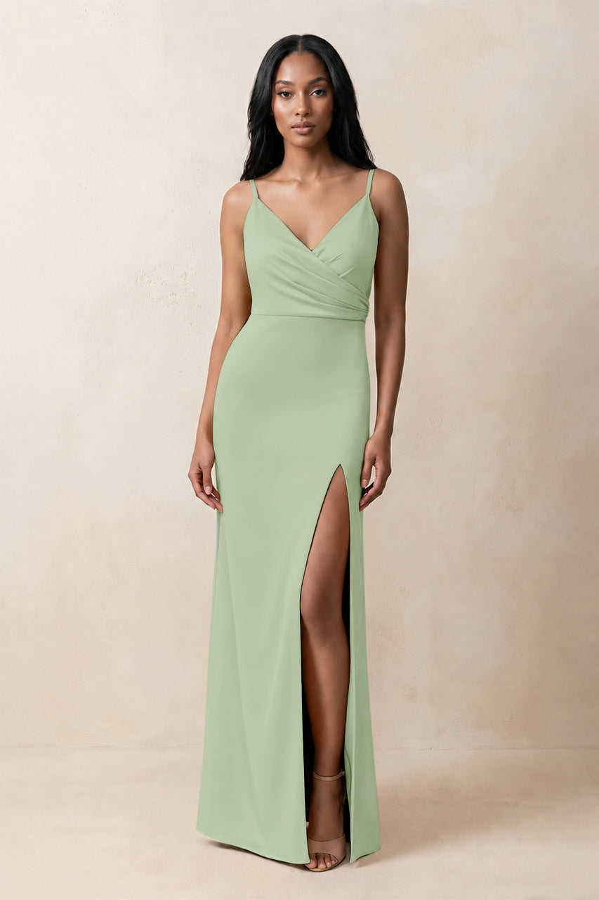 Spaghetti Strap Sheath Satin Ruched Bridesmaid Dress in Sage