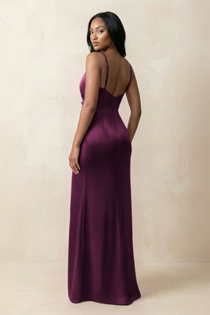 Spaghetti Strap Sheath Satin Ruched Bridesmaid Dress in Sangria - KISS BRIDAL Bridesmaid Dresses