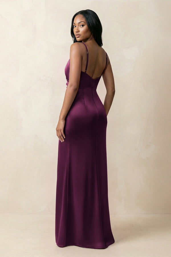 Spaghetti Strap Sheath Satin Ruched Bridesmaid Dress in Sangria - KISS BRIDAL Bridesmaid Dresses
