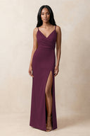 Spaghetti Strap Sheath Satin Ruched Bridesmaid Dress in Sangria | KISSBRIDAL