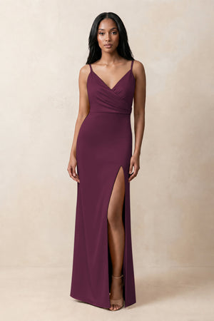 Spaghetti Strap Sheath Satin Ruched Bridesmaid Dress in Sangria | KISSBRIDAL