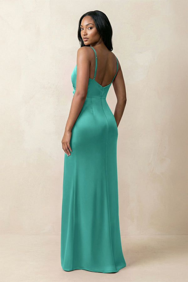 Spaghetti Strap Sheath Satin Ruched Bridesmaid Dress in Sea Glass - KISS BRIDAL Bridesmaid Dresses