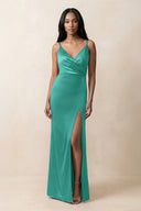 Spaghetti Strap Sheath Satin Ruched Bridesmaid Dress in Sea Glass - KISS BRIDAL Bridesmaid Dresses