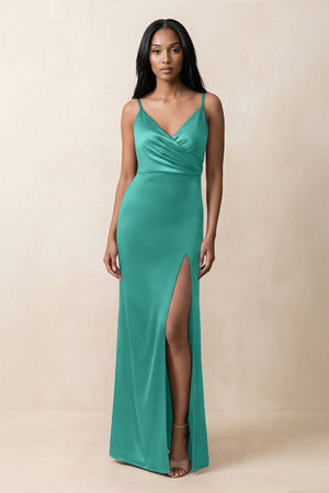 Spaghetti Strap Sheath Satin Ruched Bridesmaid Dress in Sea Glass - KISS BRIDAL Bridesmaid Dresses