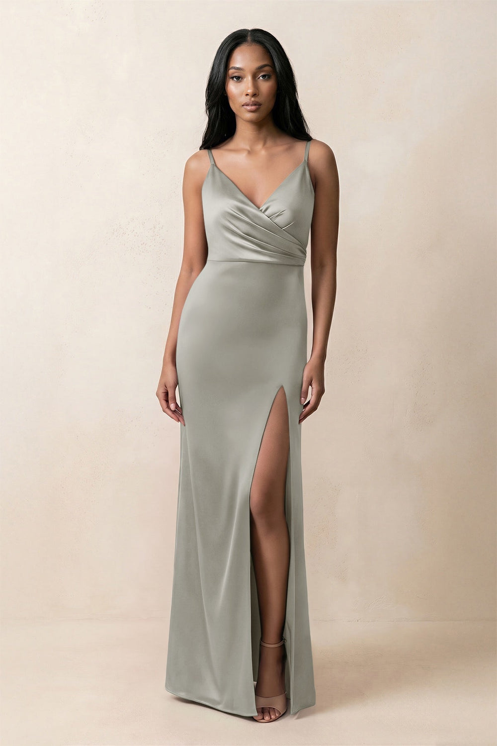 Spaghetti Strap Sheath Satin Ruched Bridesmaid Dress in Silver - KISS BRIDAL Bridesmaid Dresses