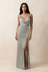 Spaghetti Strap Sheath Satin Ruched Bridesmaid Dress in Silver - KISS BRIDAL Bridesmaid Dresses