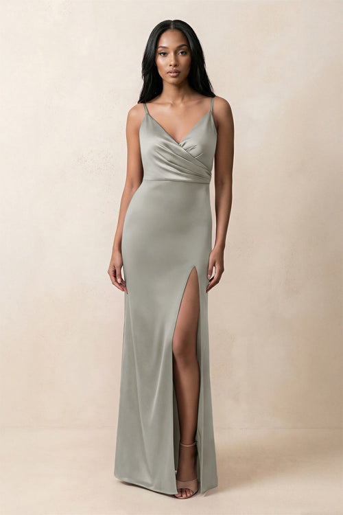 Spaghetti Strap Sheath Satin Ruched Bridesmaid Dress in Silver - KISS BRIDAL Bridesmaid Dresses
