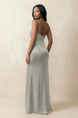 Spaghetti Strap Sheath Satin Ruched Bridesmaid Dress in Silver - KISS BRIDAL Bridesmaid Dresses
