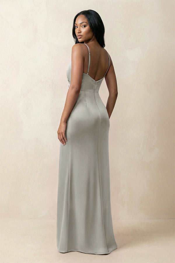 Spaghetti Strap Sheath Satin Ruched Bridesmaid Dress in Silver - KISS BRIDAL Bridesmaid Dresses