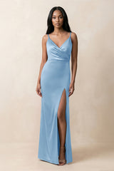 Spaghetti Strap Sheath Satin Ruched Bridesmaid Dress in Sky Blue - KISS BRIDAL Bridesmaid Dresses