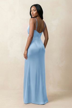 Spaghetti Strap Sheath Satin Ruched Bridesmaid Dress in Sky Blue - KISS BRIDAL Bridesmaid Dresses