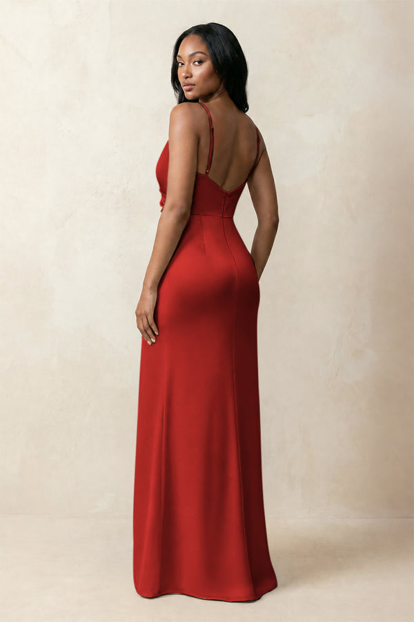Spaghetti Strap Sheath Satin Ruched Bridesmaid Dress in Spice (2) | KISSBRIDAL