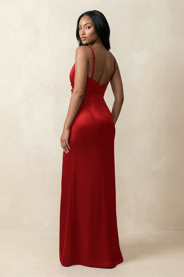 Spaghetti Strap Sheath Satin Ruched Bridesmaid Dress in Spice - KISS BRIDAL Bridesmaid Dresses
