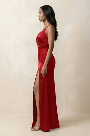 Spaghetti Strap Sheath Satin Ruched Bridesmaid Dress in Spice - KISS BRIDAL Bridesmaid Dresses