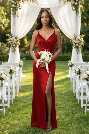Spaghetti Strap Sheath Satin Ruched Bridesmaid Dress in Spice - KISS BRIDAL Bridesmaid Dresses