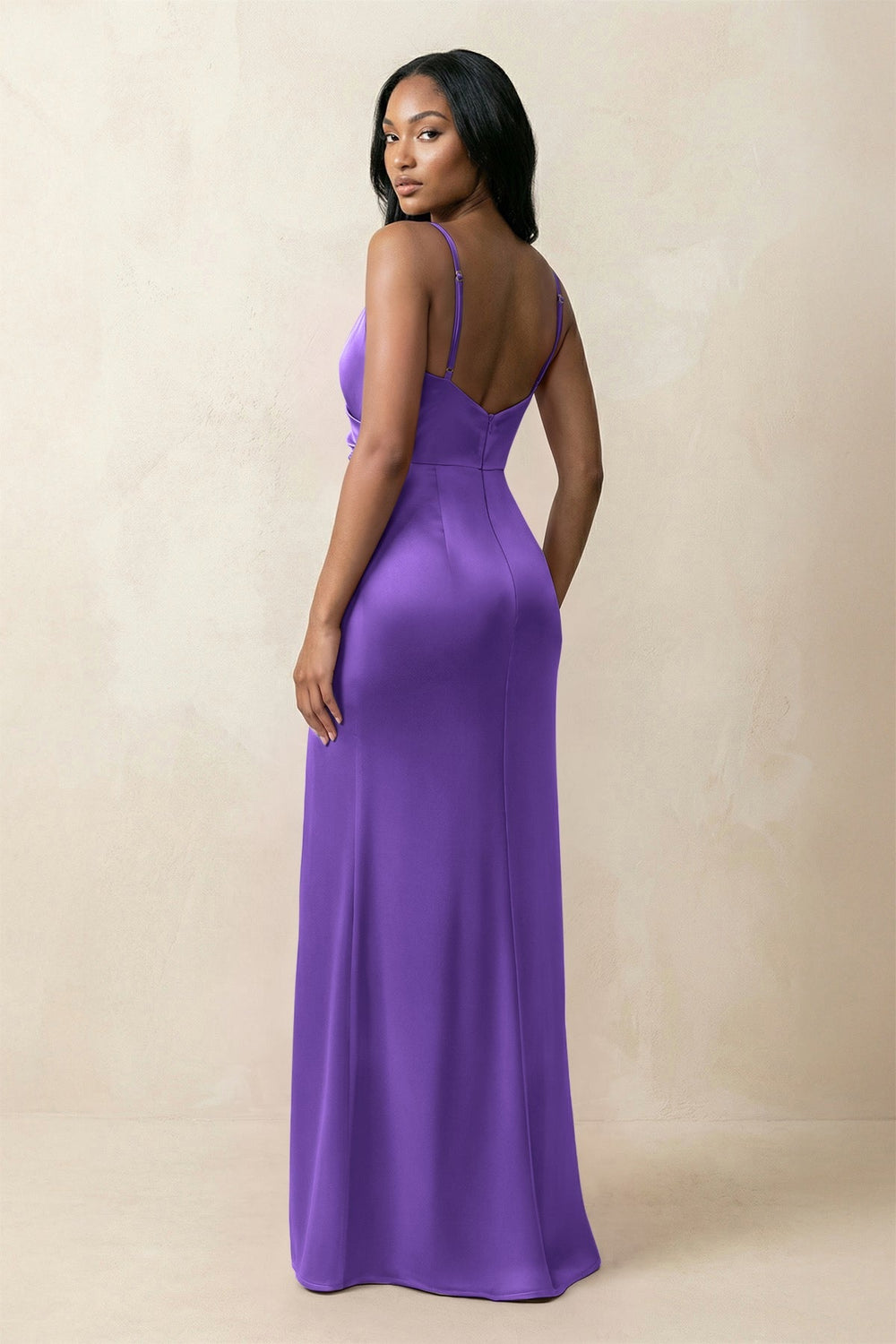 Spaghetti Strap Sheath Satin Ruched Bridesmaid Dress in Tahiti - KISS BRIDAL Bridesmaid Dresses
