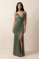 Spaghetti Strap Sheath Satin Ruched Bridesmaid Dress in Thyme - KISS BRIDAL Bridesmaid Dresses