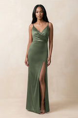 Spaghetti Strap Sheath Satin Ruched Bridesmaid Dress in Thyme - KISS BRIDAL Bridesmaid Dresses