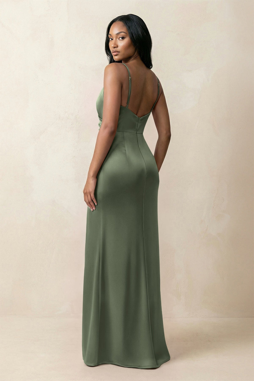 Spaghetti Strap Sheath Satin Ruched Bridesmaid Dress in Thyme - KISS BRIDAL Bridesmaid Dresses