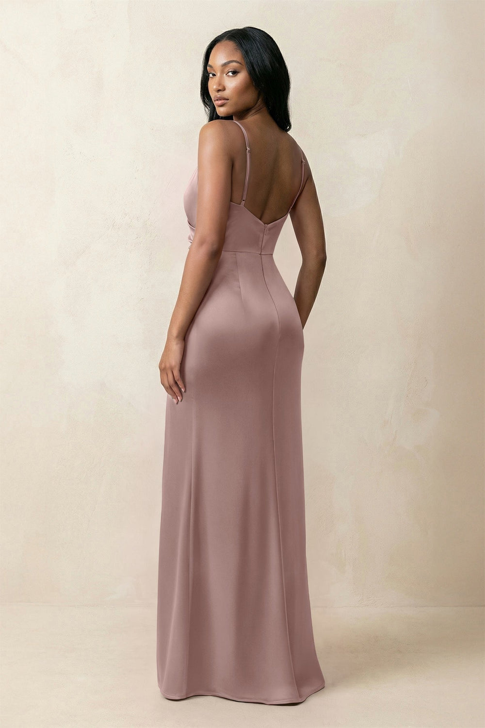 Spaghetti Strap Sheath Satin Ruched Bridesmaid Dress in Toffee - KISS BRIDAL Bridesmaid Dresses