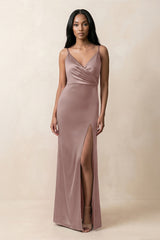 Spaghetti Strap Sheath Satin Ruched Bridesmaid Dress in Toffee - KISS BRIDAL Bridesmaid Dresses