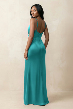 Spaghetti Strap Sheath Satin Ruched Bridesmaid Dress in Turquoise - KISS BRIDAL Bridesmaid Dresses