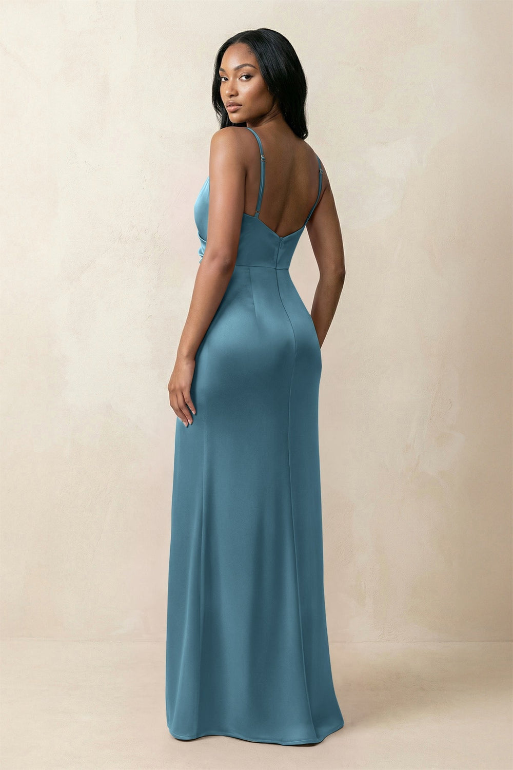 Spaghetti Strap Sheath Satin Ruched Bridesmaid Dress in Twilight - KISS BRIDAL Bridesmaid Dresses